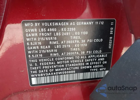 2013 Volkswagen Tiguan S z USA, uszkodzony, nr VIN WVGBV3AX4DW050986